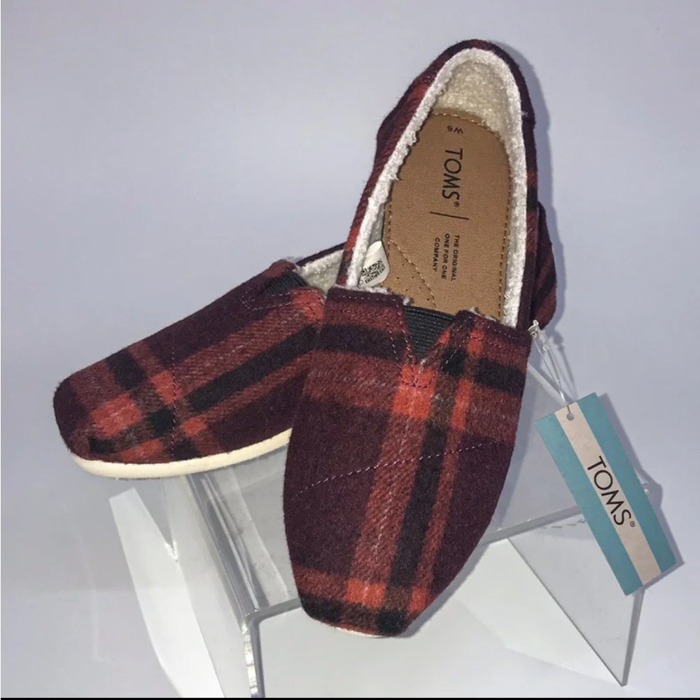 TOMS Red Plaid w Faux Shearling Alpargata Cozy Slip-on